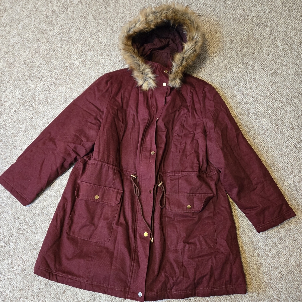 BloomChic Maroon Jacket Faux Fur Hood Drawstring Waist Zippered Snap Size 22-24